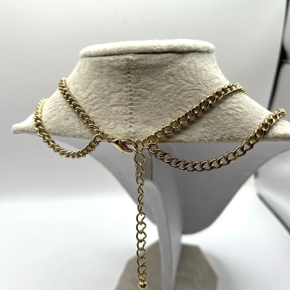 Fire Beads with Tribal Flare Layered Chain Necklace Red stone and long Gold bead